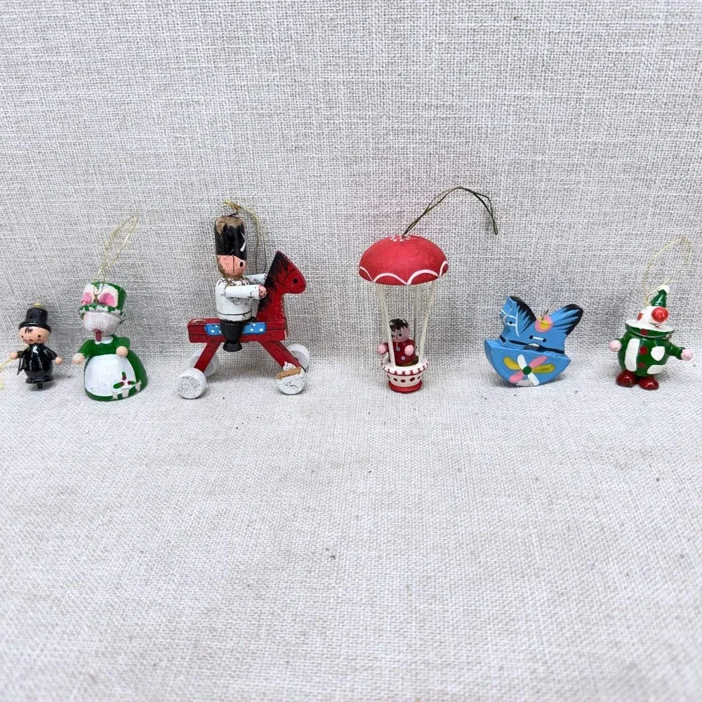 Vintage Hand Painted Wooden Christmas Ornaments Lot of 6 Soldier Balloon Clown